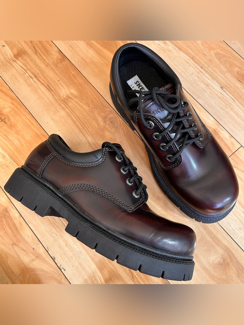 Vintage Skechers Sz 10.5 Men Leather Shoes Oxford Burgundy 90s Chunky Y2K Grunge